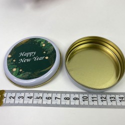 Hediyelik Beyaz Yuvarlak Teneke Kutu Yeşil Happy New Year Baskılı-YSUS-1000