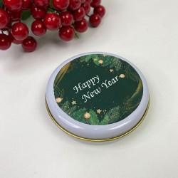 Hediyelik Beyaz Yuvarlak Teneke Kutu Yeşil Happy New Year Baskılı-YSUS-1000
