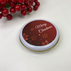 Hediyelik Beyaz Yuvarlak Teneke Kutu Kırmızı Merry Chirstmas Baskılı-YSUS-1002