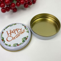 Hediyelik Beyaz Yuvarlak Teneke Kutu Beyaz Happy Chirstmas Baskılı-YSUS-1003