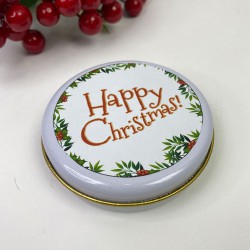 Hediyelik Beyaz Yuvarlak Teneke Kutu Beyaz Happy Chirstmas Baskılı-YSUS-1003
