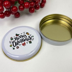 Hediyelik Beyaz Merry Chirstmas Baskılı Yuvarlak Teneke Kutu-YSUS-1004