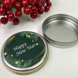 Yuvarlak Gümüş Teneke Kutu Yeşil Happy New Year Baskılı-YSUS-1007