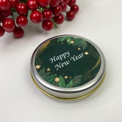 Yuvarlak Gümüş Teneke Kutu Yeşil Happy New Year Baskılı-YSUS-1007