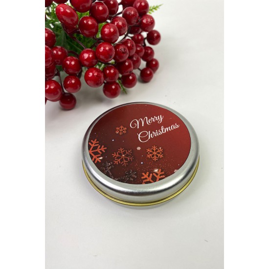 Yuvarlak Gümüş Teneke Kutu Kırmızı Merry Chirstmas Çiçekli Baskılı-YSUS-1008