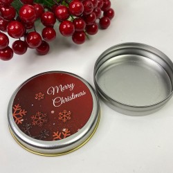 Yuvarlak Gümüş Teneke Kutu Kırmızı Merry Chirstmas Çiçekli Baskılı-YSUS-1008