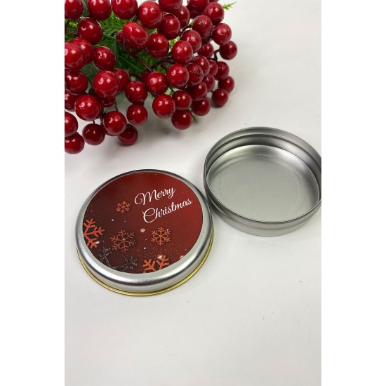 Yuvarlak Gümüş Teneke Kutu Kırmızı Merry Chirstmas Çiçekli Baskılı-YSUS-1008