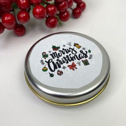 Yuvarlak Gümüş Teneke Kutu Beyaz Merry Chirstmas Baskılı-YSUS-1010