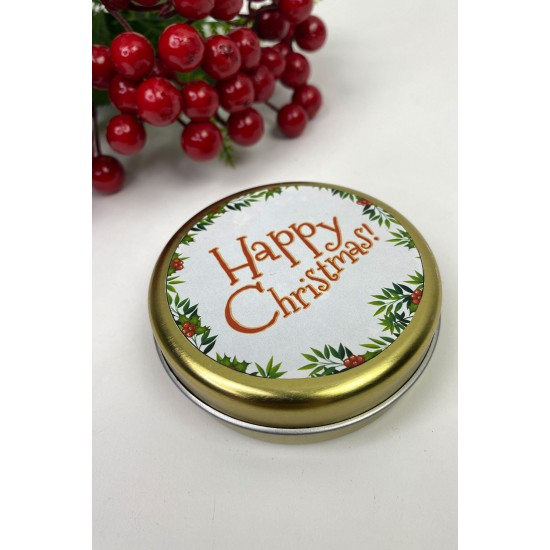 Teneke Hediyelik Kutu Gold Beyaz Happy Chirstmas Baskılı-YSUS-1014