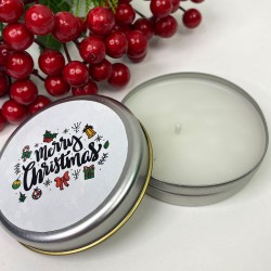 Teneke Mum Gümüş Yuvarlak Beyaz Merry Christmas Baskılı-YSUS-1017