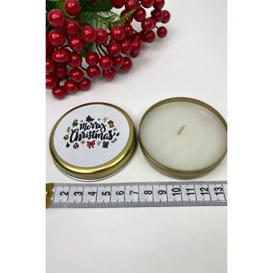 Teneke Mum Gold Yuvarlak Beyaz Merry Christmas Baskılı-YSUS-1018