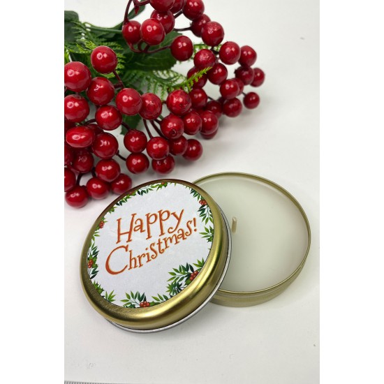 Teneke Mum Gold Yuvarlak Happy Christmas Baskılı-YSUS-1021