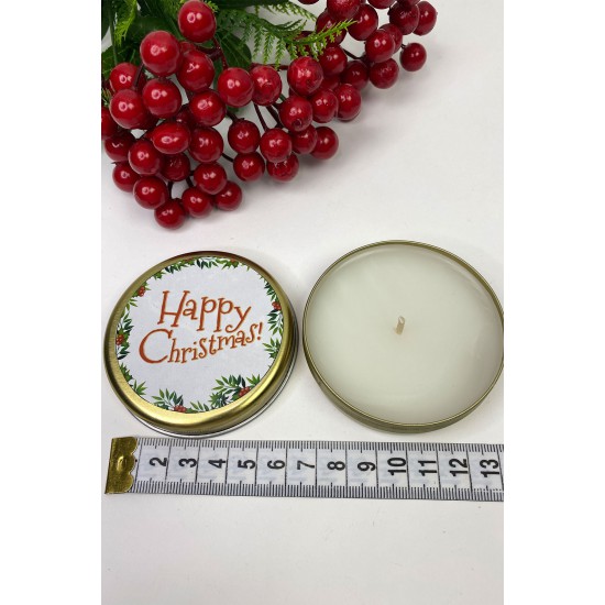 Teneke Mum Gold Yuvarlak Happy Christmas Baskılı-YSUS-1021