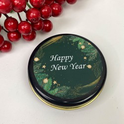 Teneke Mum Siyah Yuvarlak Yeşil Happy New Year Baskılı-YSUS-1022