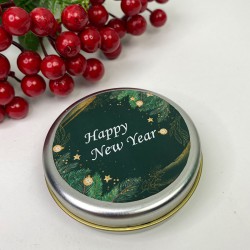 Teneke Mum Gümüş Yuvarlak Yeşil Happy New Year Baskılı-YSUS-1023