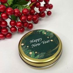 Teneke Mum Gold Yuvarlak Yeşil Happy New Year Baskılı-YSUS-1024