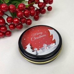 Hediyelik Teneke Mum Siyah Yuvarlak Kırmızı Merry Christmas Baskılı-YSUS-1026