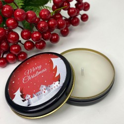 Hediyelik Teneke Mum Siyah Yuvarlak Kırmızı Merry Christmas Baskılı-YSUS-1026