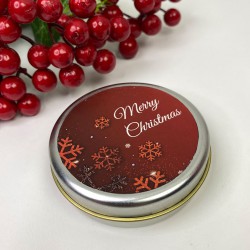 Hediyelik Teneke Mum Gümüş Yuvarlak Kırmızı Merry Christmas Baskılı-YSUS-1027