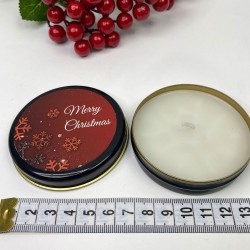 Hediyelik Teneke Mum Siyah Yuvarlak Kırmızı Merry Christmas Çiçekli Baskılı-YSUS-1028