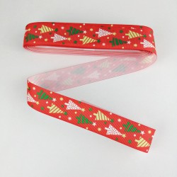 Kırmızı &Ccedil;am Ağacı Desenli Grogren Kurdele 2,5 cm 1 Metre-YY-1024