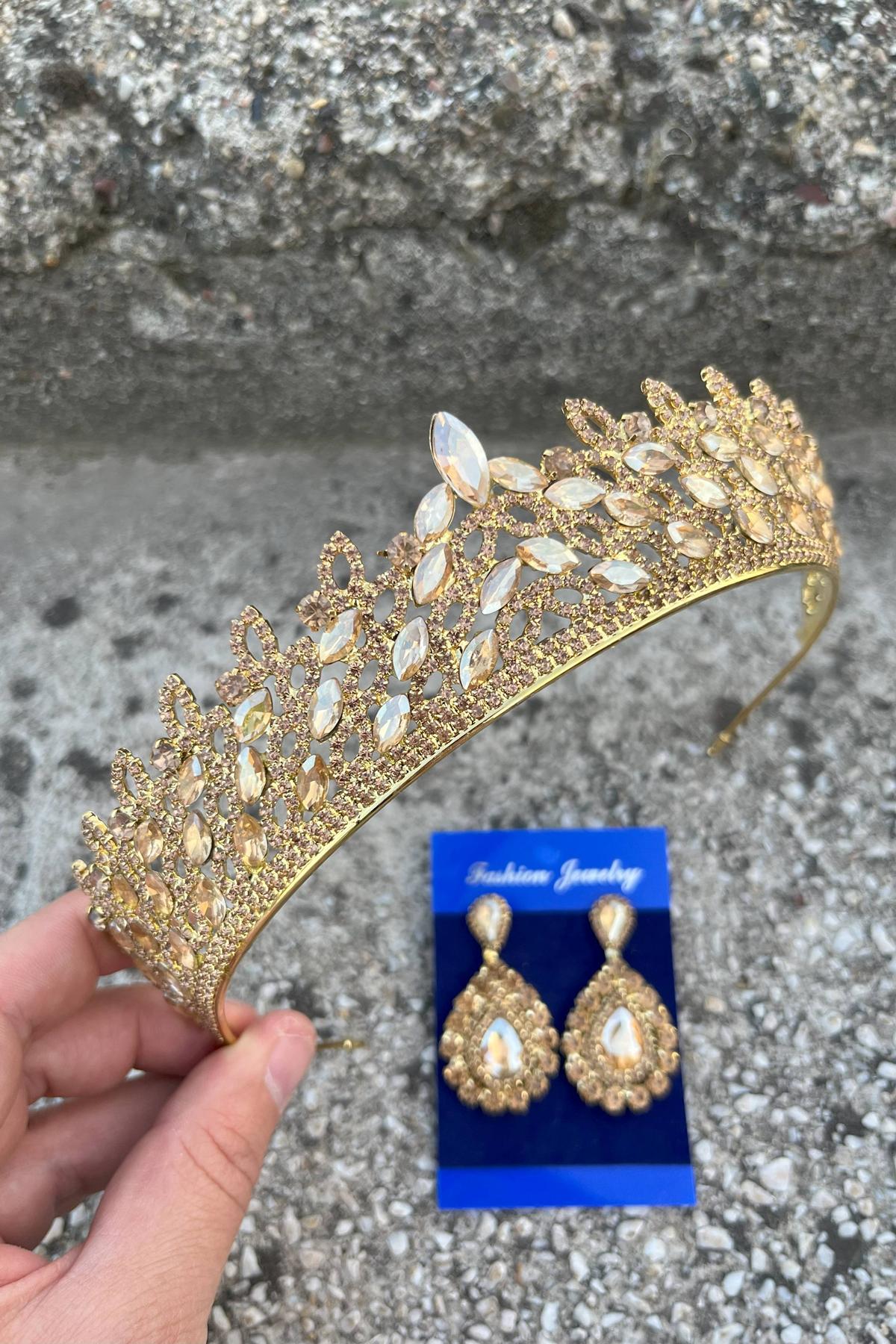 Amara Gold Taç ve Damla Mekik Küpe Takımı – Işıltılı Abiye Gelin Seti-AMARA-12