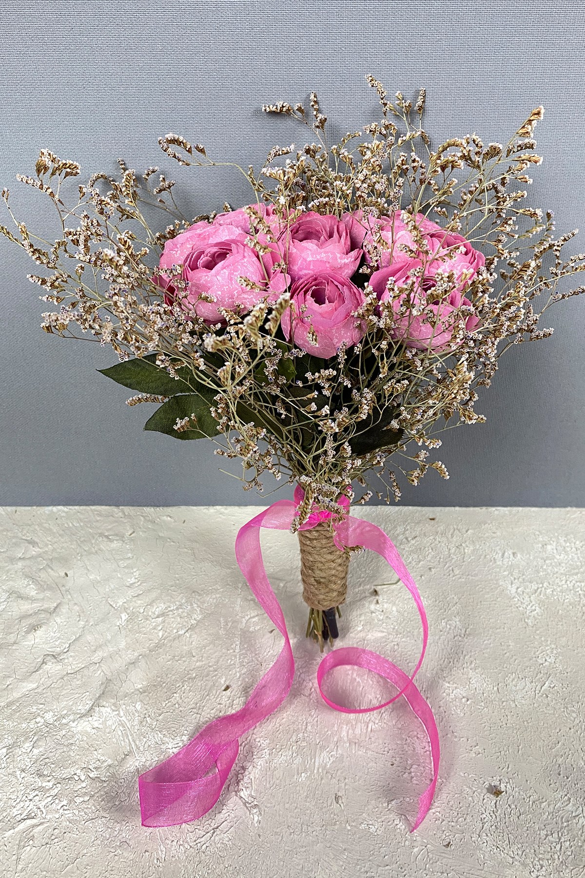 Pembe Şakayık Çiçekli Deniz Otlu Gelin Buketi Ve Damat Yaka Çiçeği-BUKET-82