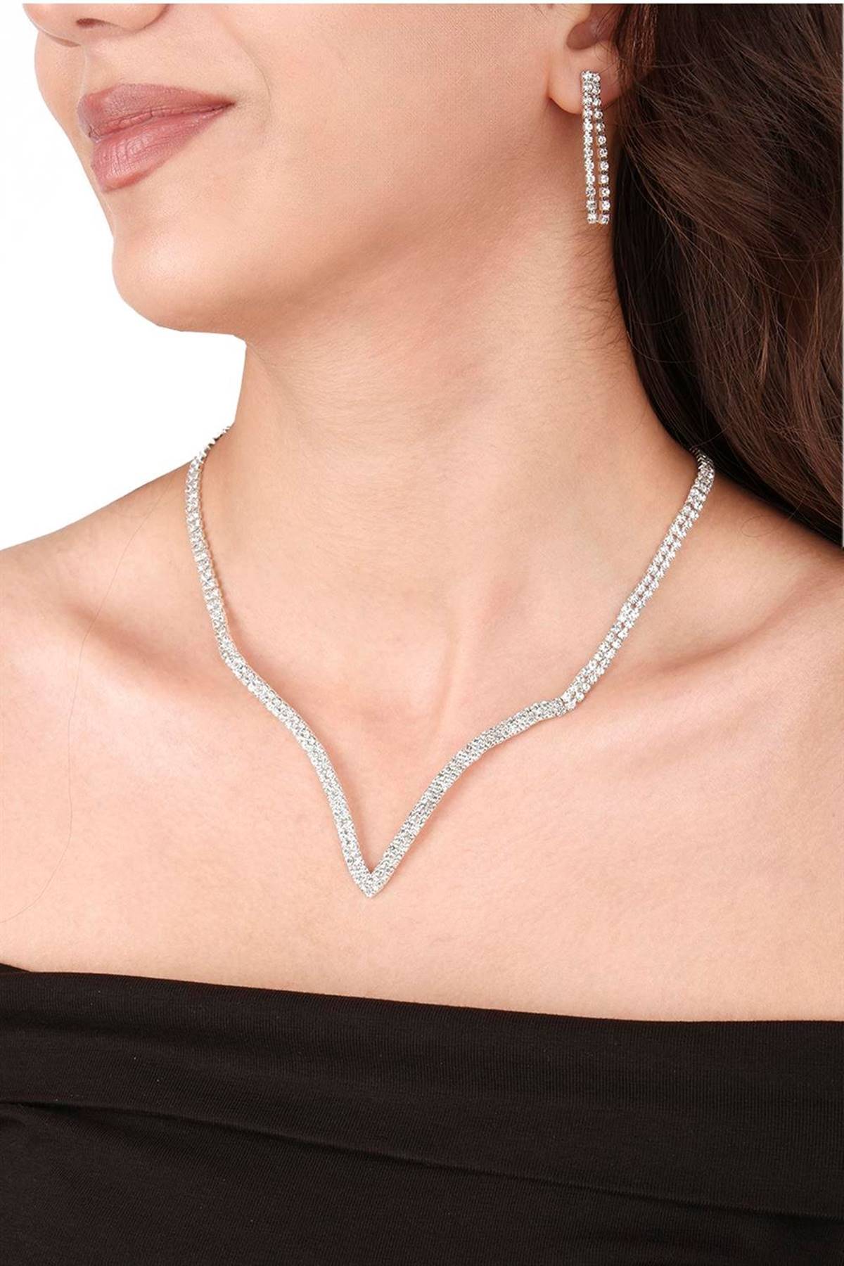Vendy Model Kristal Taşlı Abiye Kolye Küpe Seti Ve Gül Gelin Tacı-GELINTACI-1146