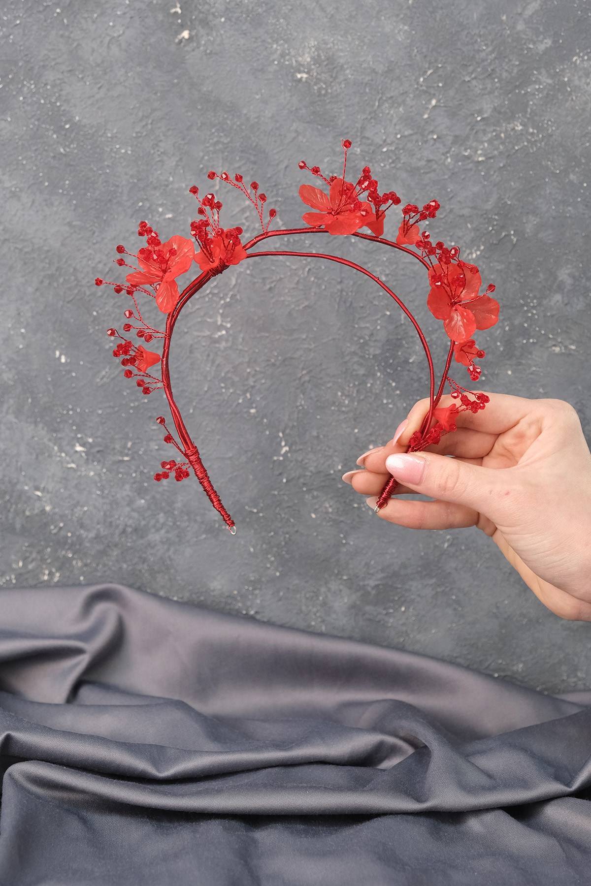 Kırmızı Zinel Özel Tasarım Çiçekli Kına Gelin Tacı-GELINTACI-128