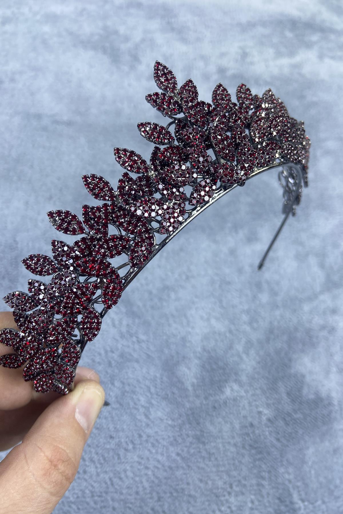 Bordo Jessie Model Şık Taşlı Kına Ve Gelin Tacı Saç Aksesuarı-GELINTACI-631
