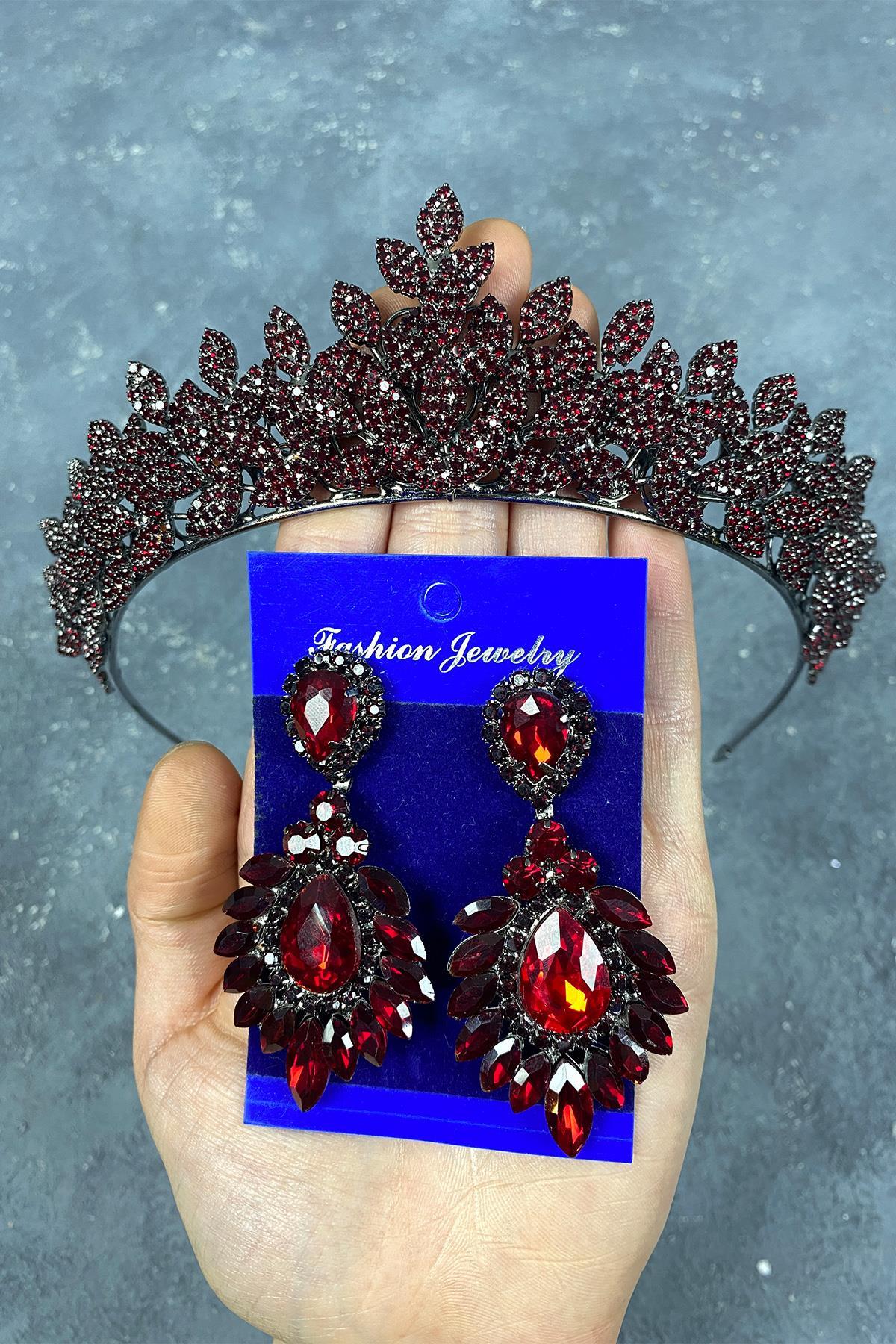 Bordo Jessie Model Şık Taşlı Kına Tacı Ve Mekik Küpe Takımı-GELINTACI-638
