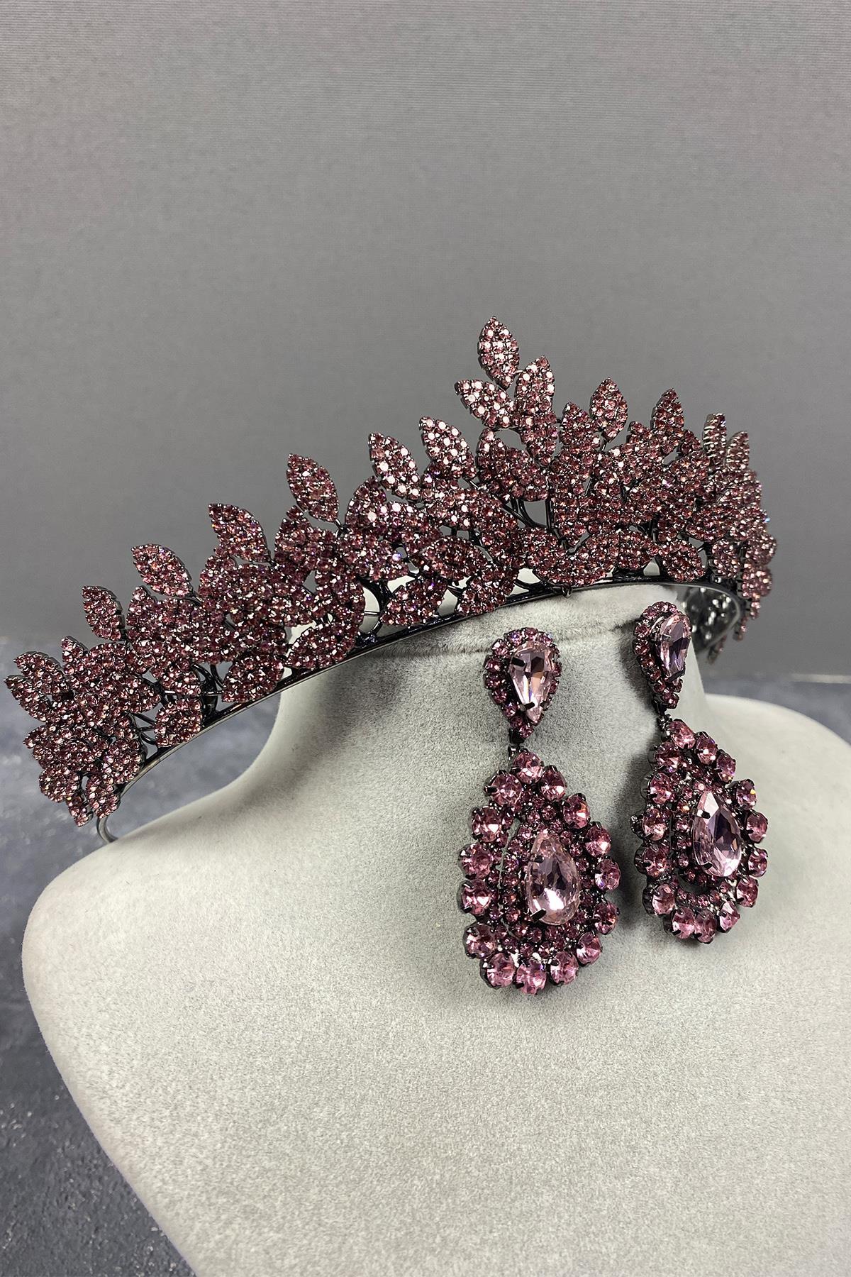 Pembe Jessie Model Şık Taşlı Kına Tacı Ve Damla Küpe Takımı-GELINTACI-653
