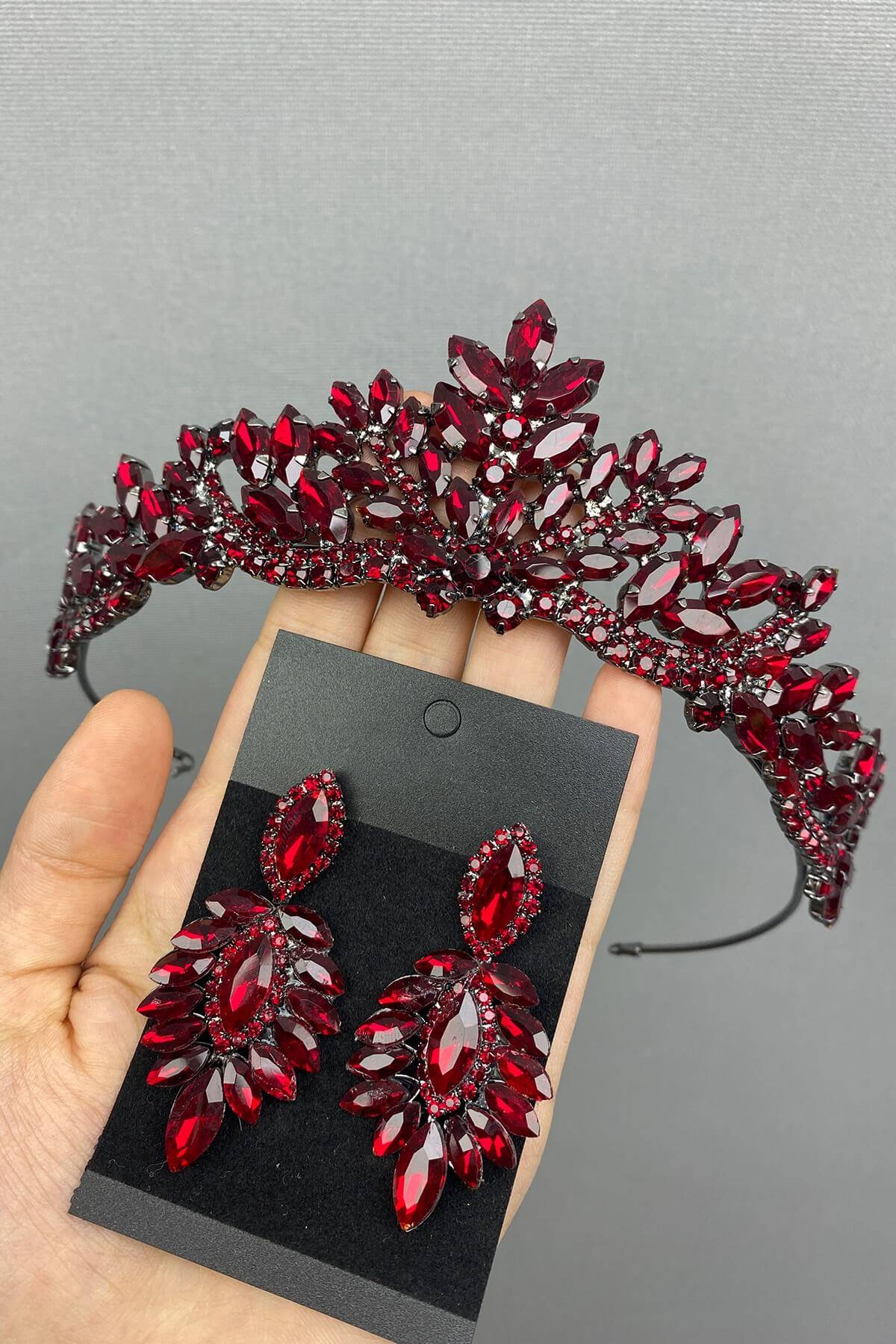Bordo Serlin Gelin Kına Tacı Ve Küpesi