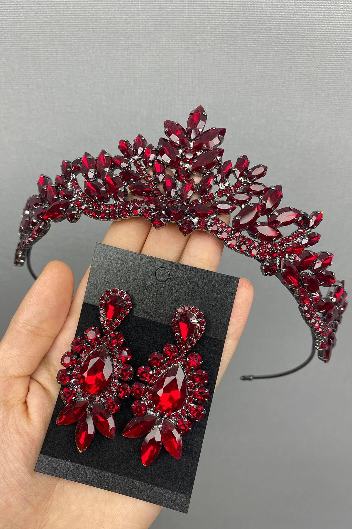 Bordo Serlin Gelin Kına Tacı Ve Küpe Takımı