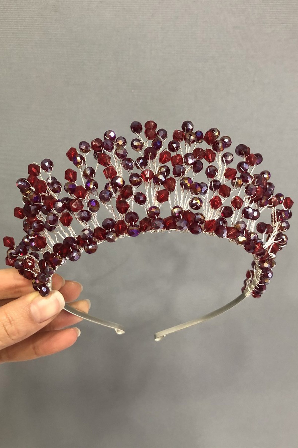 Bordo Kristal Boncuklu Prenses Model Gelin Tacı-KTT-18