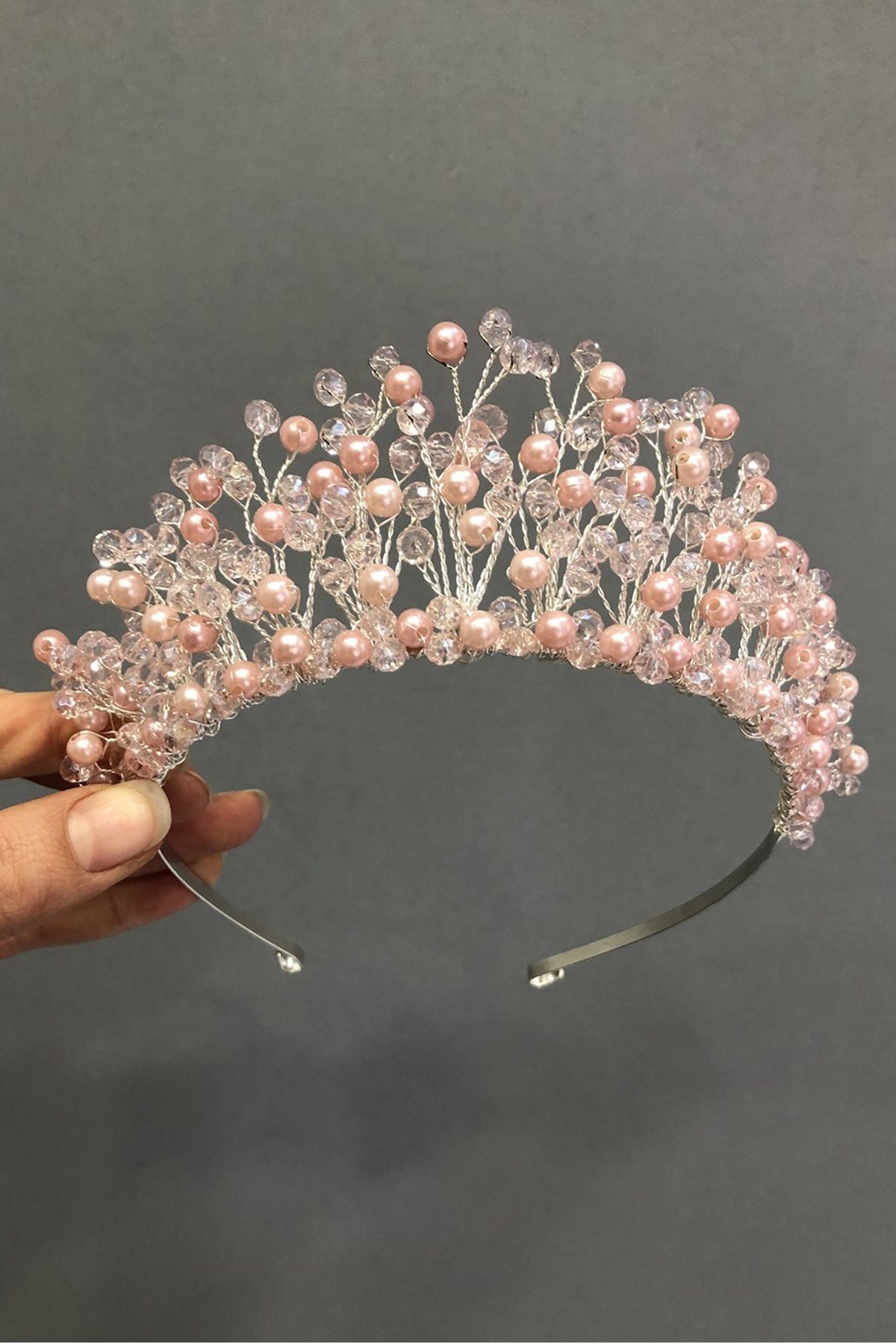 Pudra Kristal Boncuklu Prenses Model Gelin Tacı-KTT-19
