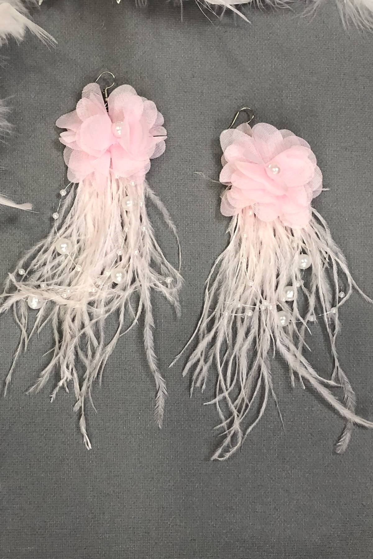 Pembe İncili Çiçekli Tüylü Küpe-KUP-1033