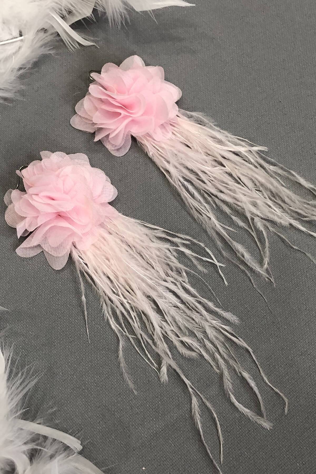 Pembe Renk Çiçekli Tüylü Küpe-KUP-1039