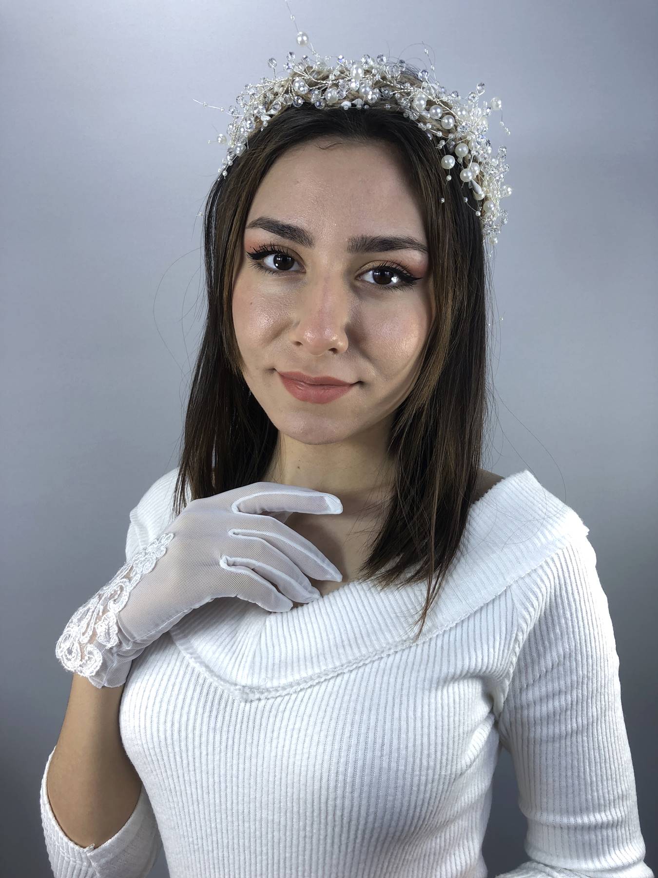 Krem İncili Taç Ve Kenar Dantel Desenli Eldiven Nikah Takımı-NIKAHTAKIMI-42