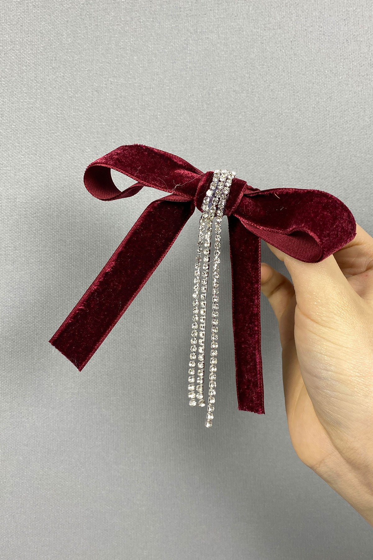 Bordo Kadife Kurdele Fiyonklu Sallantılı Saç Tokası-TOKA-1021
