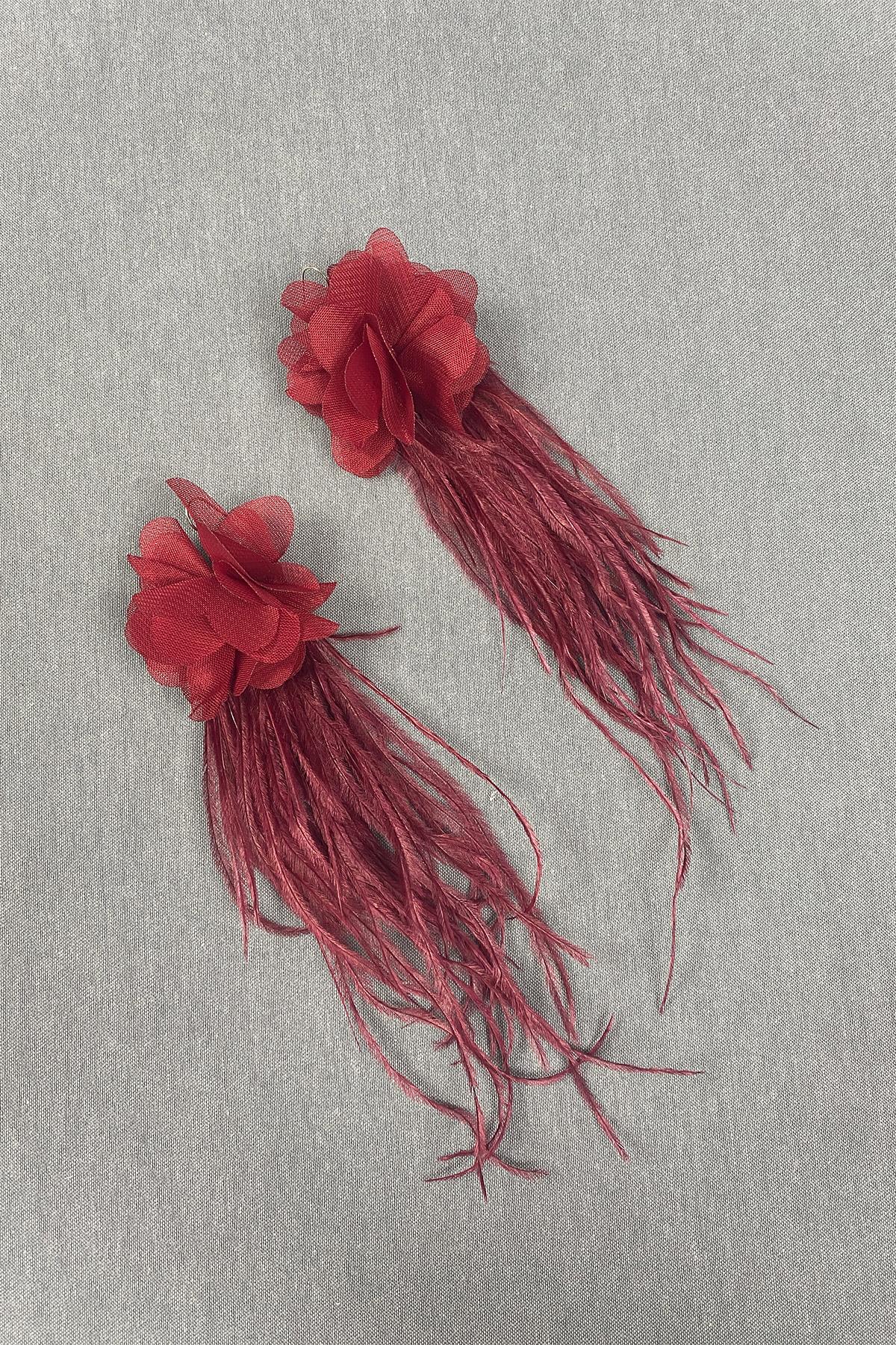 Bordo Lazer Çiçekli Deve Kuşu Tüylü Küpe-YENIKUPE-1023