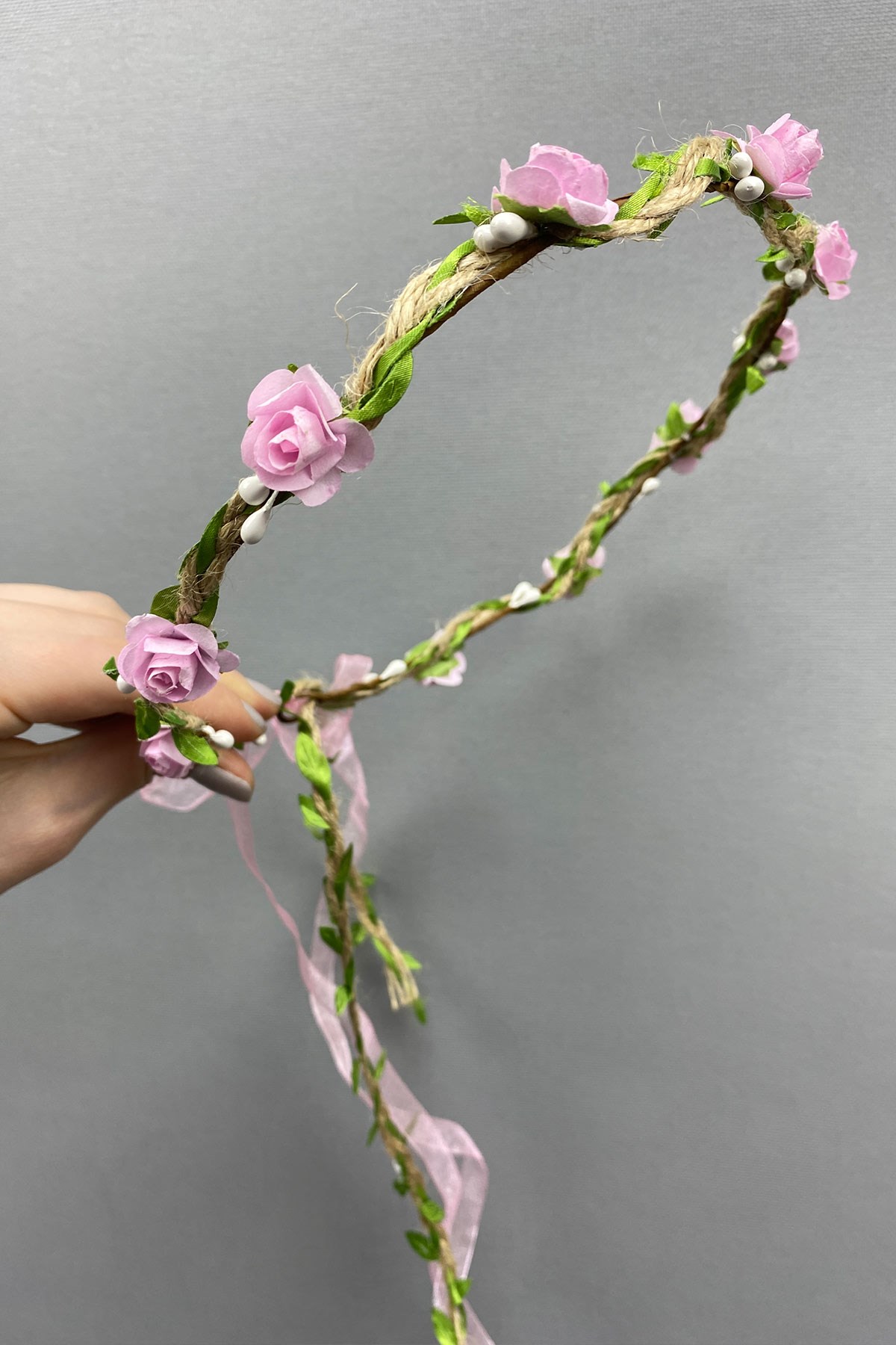 Pembe Kağıt Güllü Yapraklı Nedime Tacı Ve Hediyelik Çocuk Tacı-KCT-1028