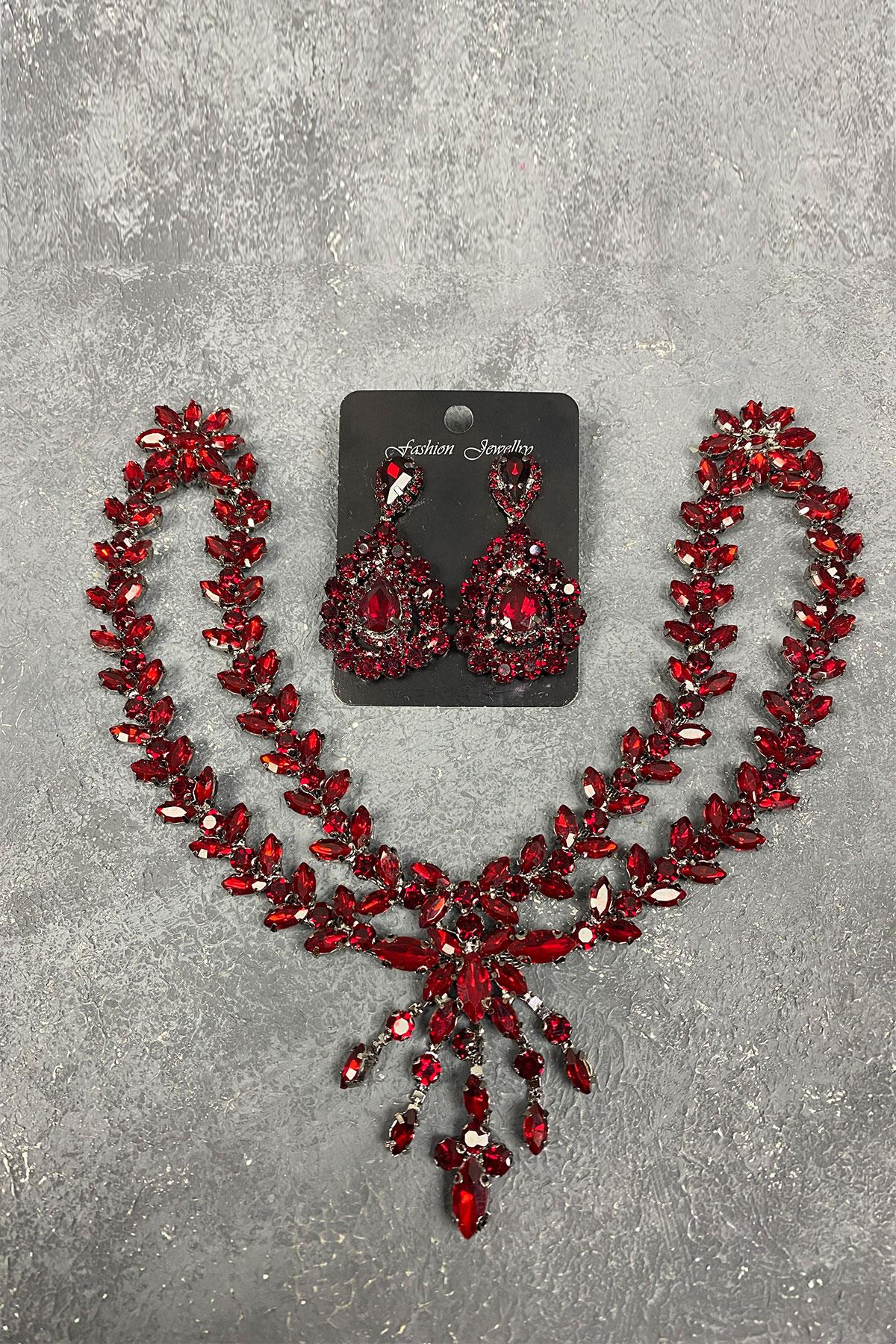 Bordo Naomi Model Alınlık Gelin Saç Aksesuarı Ve Damla Küpe Seti-GELINTACI-617