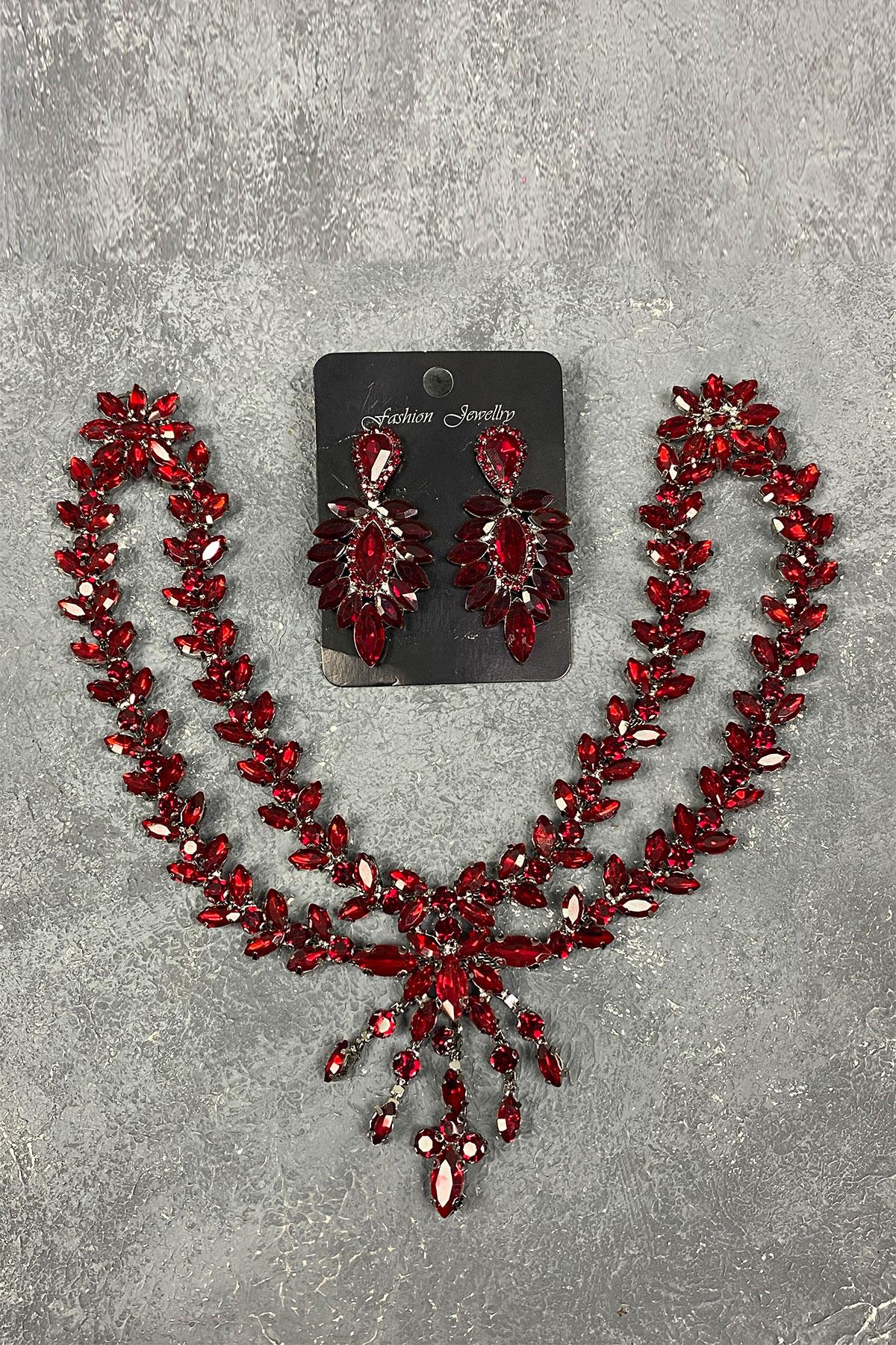 Bordo Naomi Model Alınlık Gelin Saç Aksesuarı Ve İnce Küpe Seti-GELINTACI-622