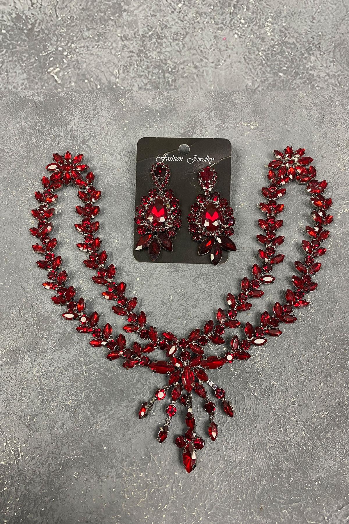 Bordo Naomi Model Alınlık Gelin Saç Aksesuarı Ve Küpe Seti-GELINTACI-626